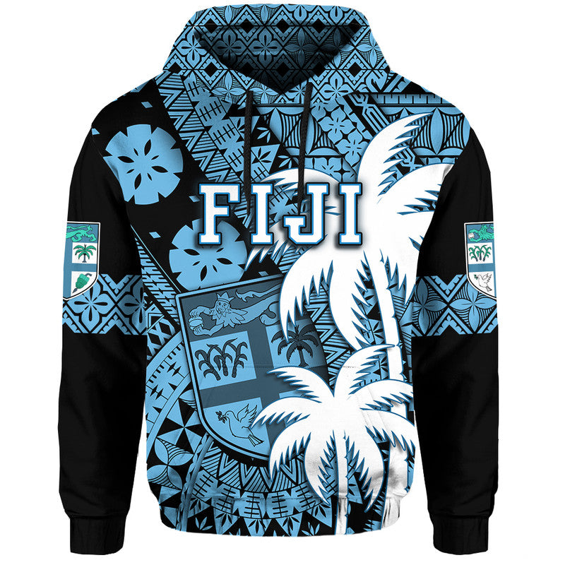 Custom Fiji Coat of Arms Hoodie Masi Tapa Mixed Palm Tree No1 Blue Version LT9 Hoodie Blue - Polynesian Pride