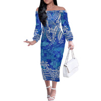 Polynesian Long Sleeves Long Dress Tapa Plumeria Style - Blue LT7 Women Blue - Polynesian Pride