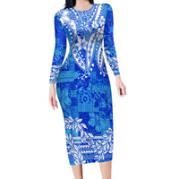 Polynesian Long Sleeves Bodycon Dress Tapa Plumeria Style - Blue LT7 Polyester spandex Blue - Polynesian Pride