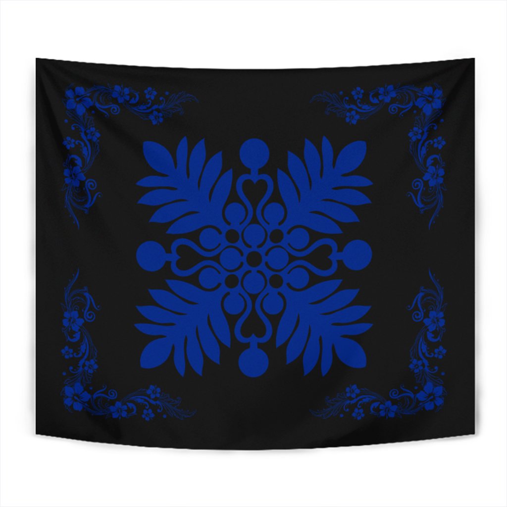 Hawaiian Quilt Maui Plant And Hibiscus Tappestry - Blue Black - AH Wall Tapestry Blue - Polynesian Pride