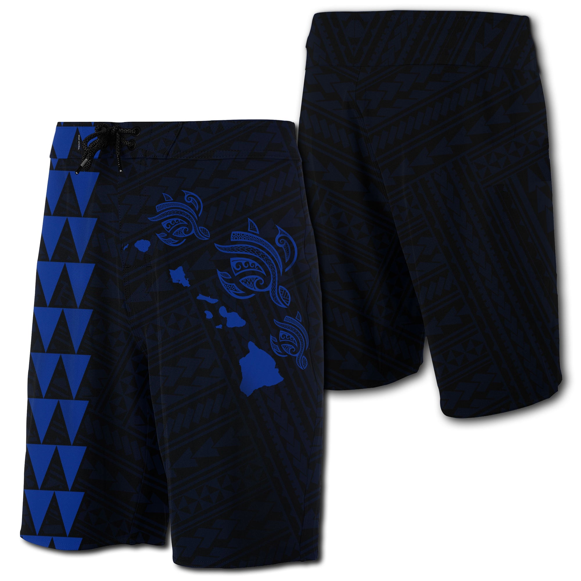 Hawaii Kakau Polynesian Three Turtles Map Board Shorts - Blue Men Blue - Polynesian Pride