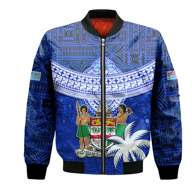 Fiji Coat Of Arms Bomber Jacket Polynesian Tapa Palm Tree LT9 Unisex Blue - Polynesian Pride