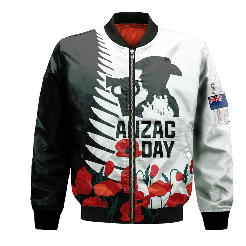 (Custom Personalised) New Zealand ANZAC Day Bomber Jacket Military Silver Ferns and Red Poppy LT9 Unisex Black - Polynesian Pride