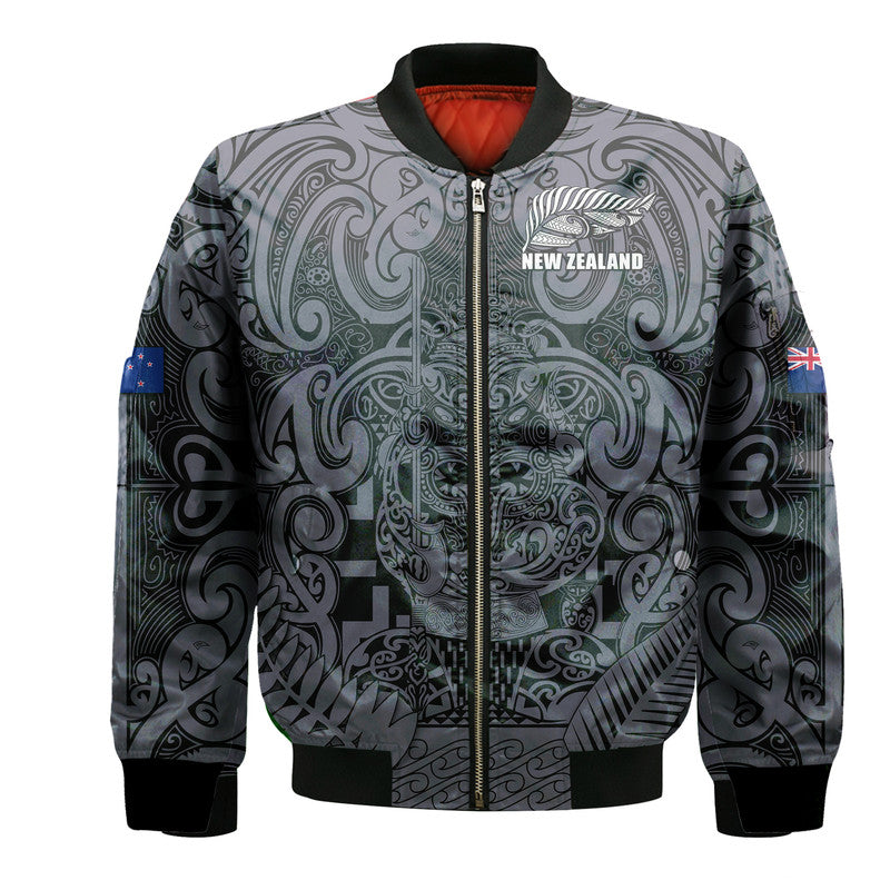 New Zealand Taiaha Maori Bomber Jacket Minimalist Silver Fern All Black LT9 Unisex Black - Polynesian Pride