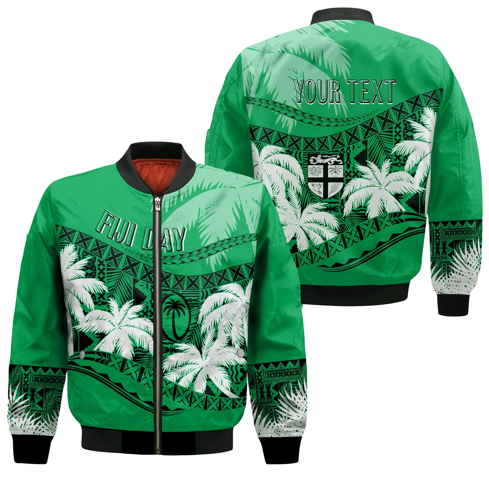 Personalised Fiji Day Bomber Jacket Flying Fijians Masi Kesa Style - Green LT7 Unisex Green - Polynesian Pride