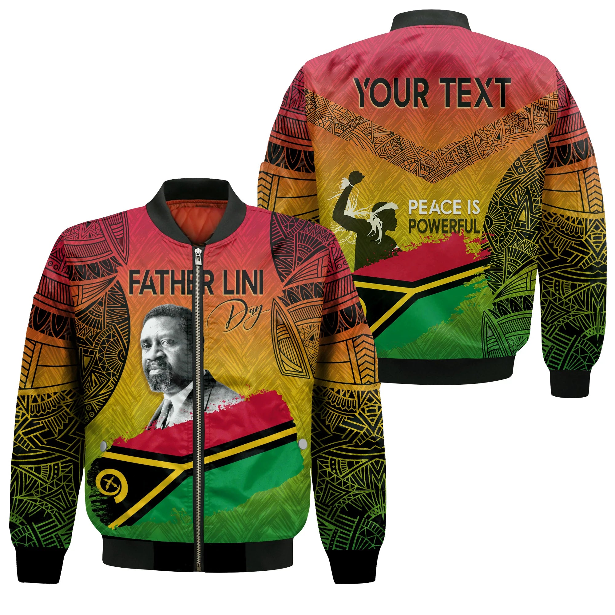 Vanuatu Father Lini Quote Bomber Jacket Flag Style - Black LT7 Unisex Art - Polynesian Pride