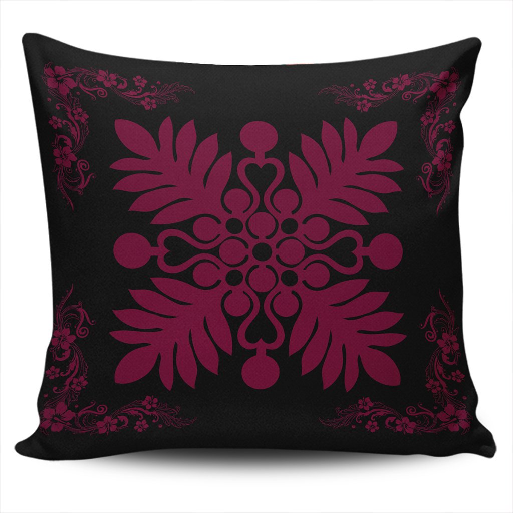 Hawaiian Quilt Maui Plant And Hibiscus Pattern Pillow Covers - Burgundy Black - AH One Size Burgundy - Polynesian Pride