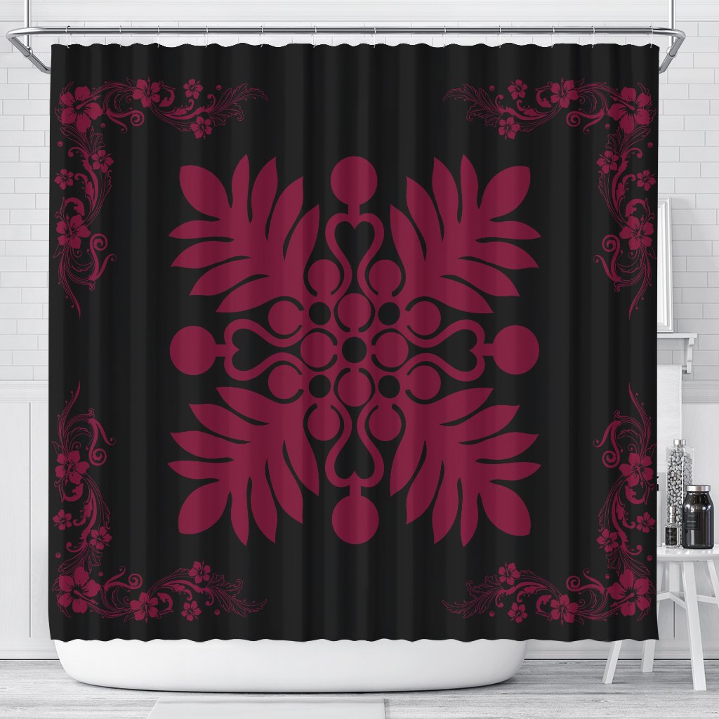 Hawaiian Quilt Maui Plant And Hibiscus Shower Curtain - Burgundy Black - AH 177 x 172 (cm) Burgundy - Polynesian Pride