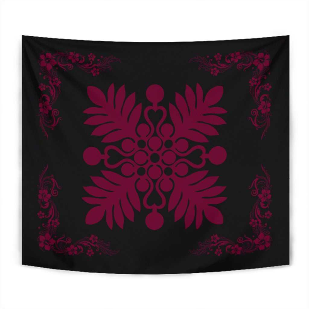 Hawaiian Quilt Maui Plant And Hibiscus Tappestry - Burgundy Black - AH Wall Tapestry Burgundy - Polynesian Pride