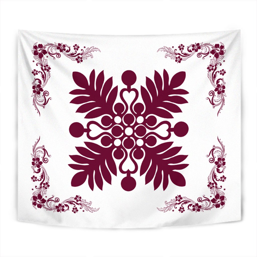 Hawaiian Quilt Maui Plant And Hibiscus Tappestry - Burgundy White - AH Wall Tapestry Burgundy - Polynesian Pride