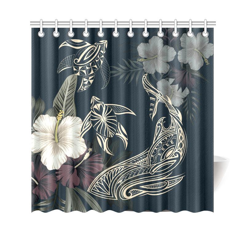 Hawaii Tropical Hibiscus Turtle Shark Aumakua Shower Curtain - Lucas Style - Blue 177 x 172 (cm) Blue - Polynesian Pride