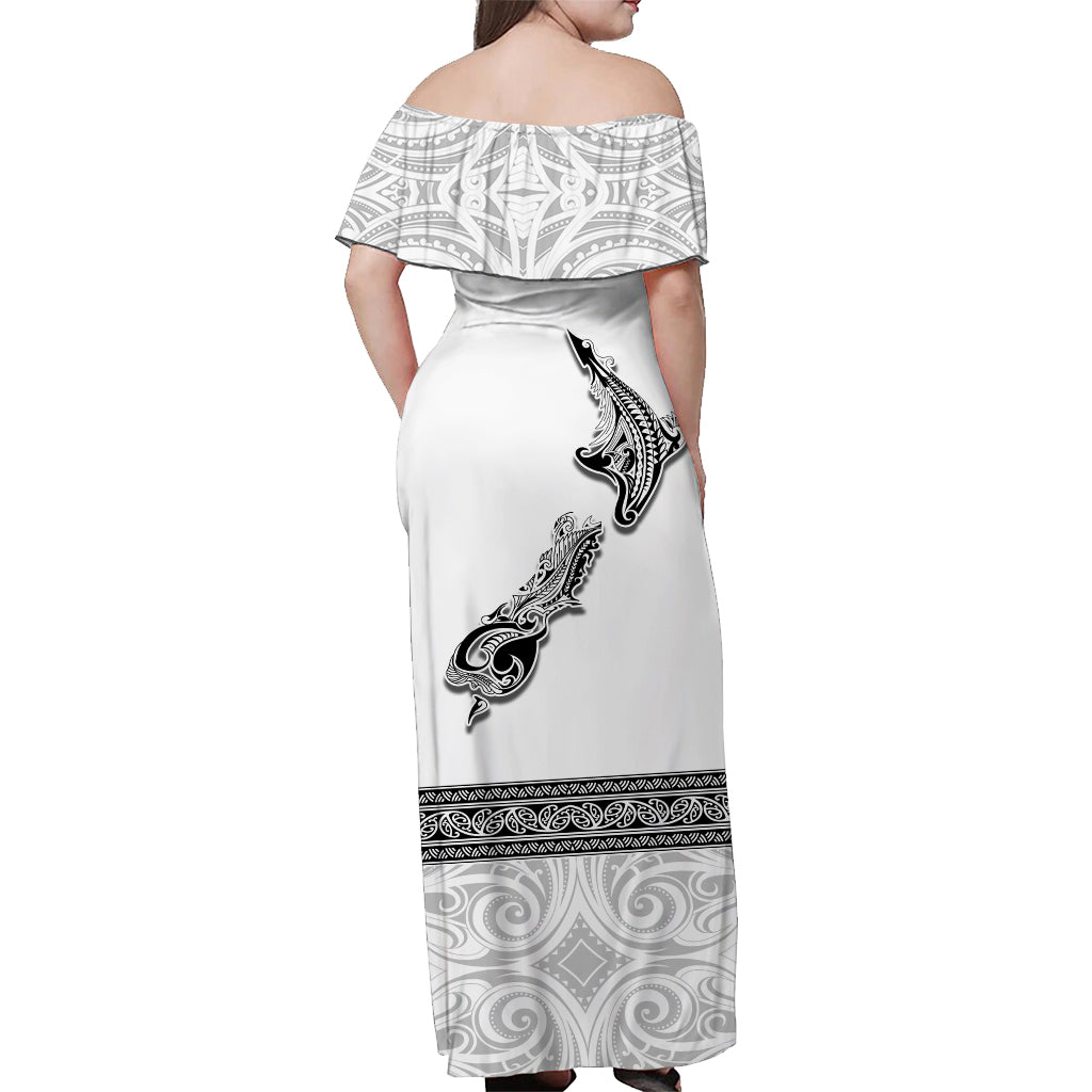(Custom Personalised) New Zealand Off Shoulder Long Dress Maori Fern and Map White LT13 - Polynesian Pride