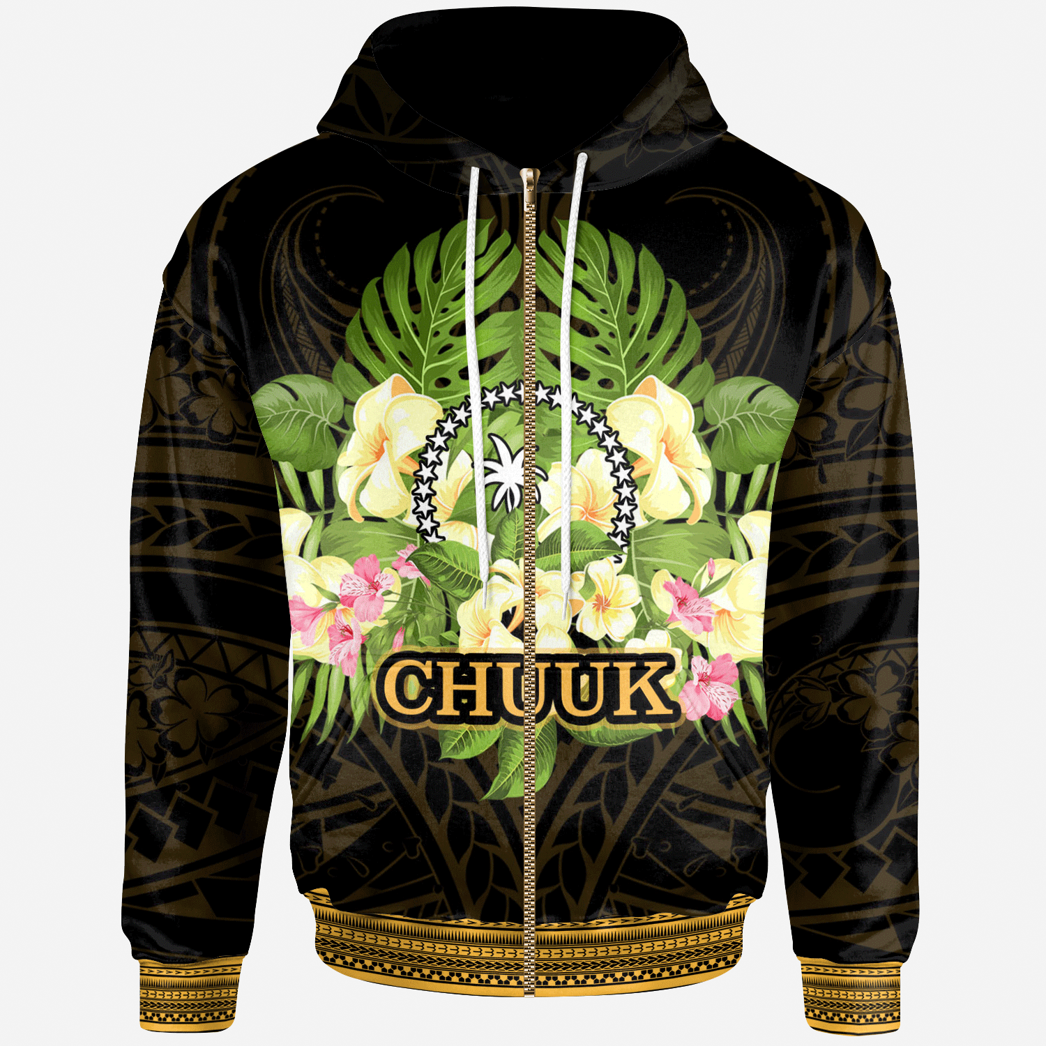 Chuuk State Zip Hoodie Polynesian Gold Patterns Collection Unisex Black - Polynesian Pride