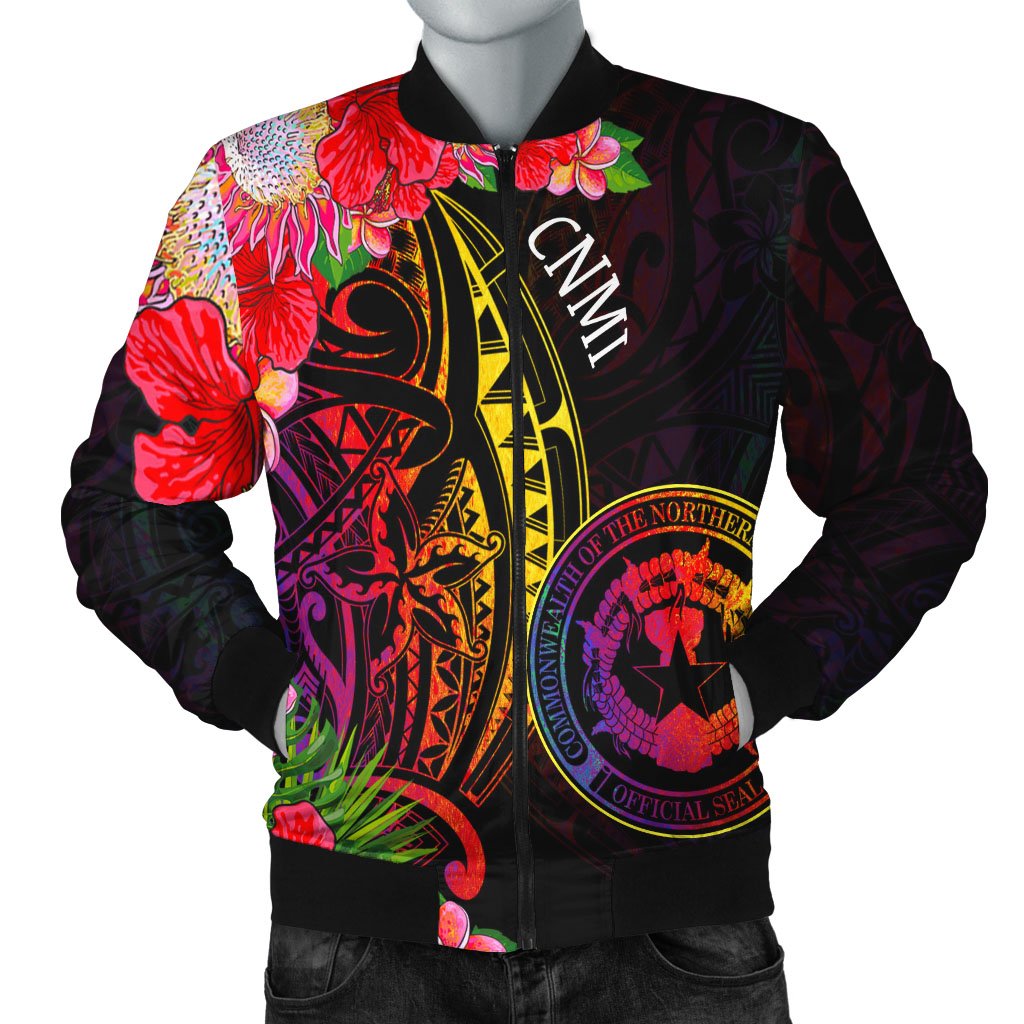 Northern Mariana Islands Men's Bomber Jacket - Tropical Hippie Style Black - Polynesian Pride