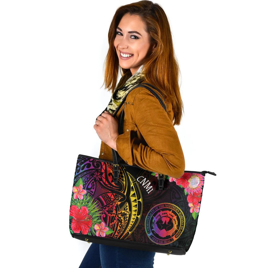 Northern Mariana Islands Leather Tote - Tropical Hippie Style Black - Polynesian Pride