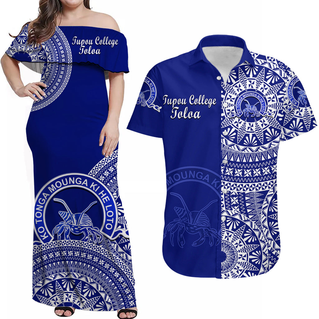 (Custom Text And Number) Matching Outfits For Couples Tonga Tupou College Toloa Combo Dress And Hawaiian Shirt Class Of Year Tongan Ngatu Pattern LT14 Blue - Polynesian Pride
