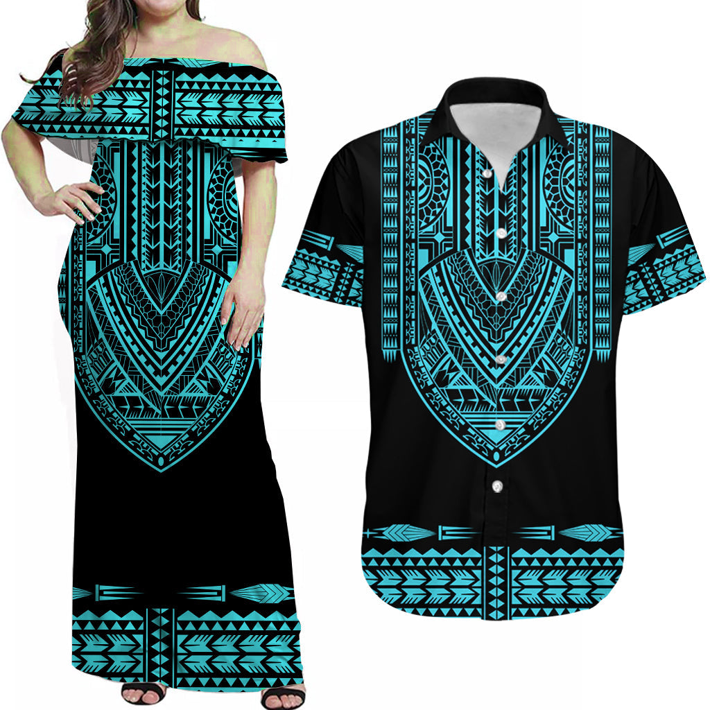 Custom Outfit For Couple Polynesian Tribal Matching Dress and Hawaiian Shirt Dashiki with Polynesian Tattoo Royal Turquoise Version LT14 Turquoise - Polynesian Pride