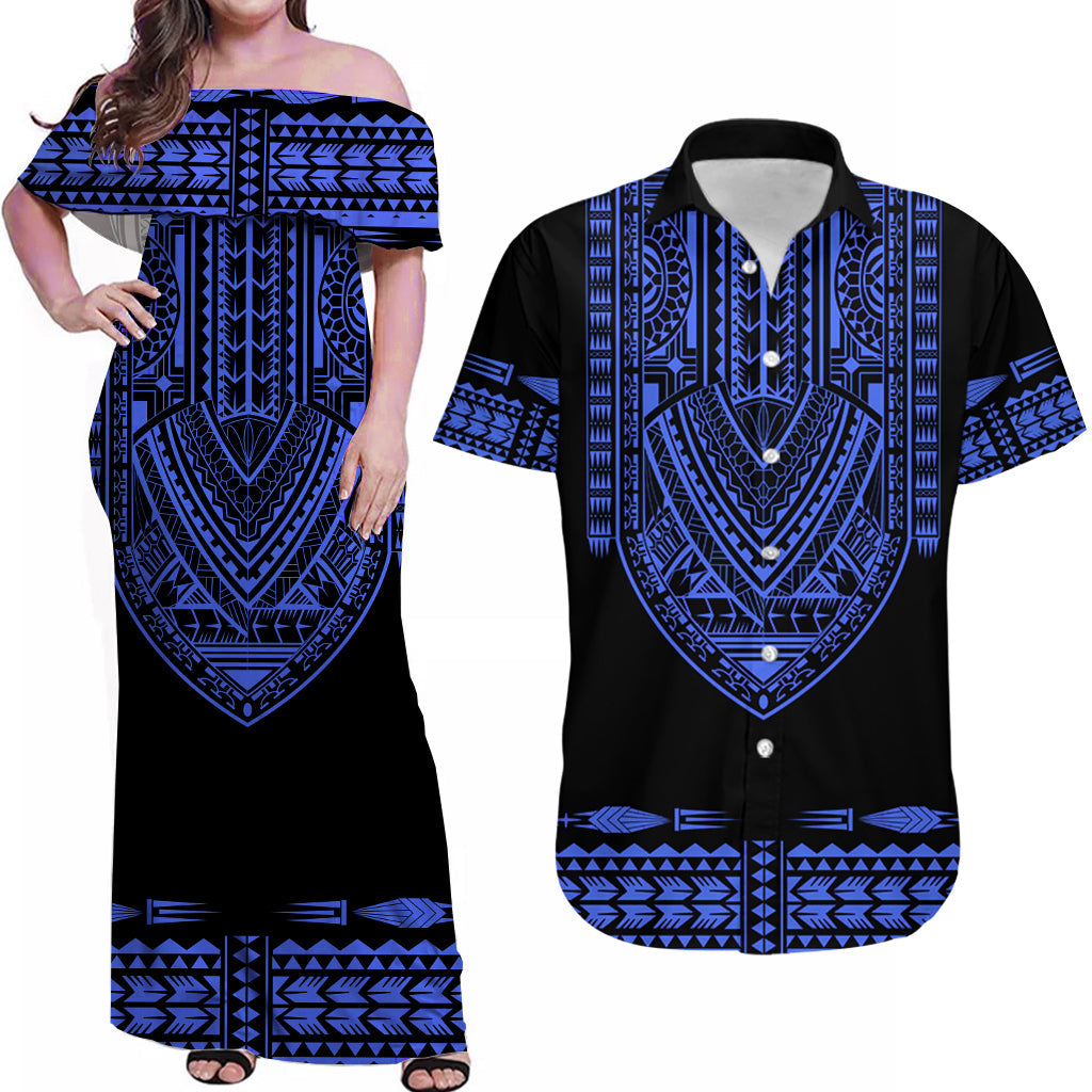 Custom Polynesian Matching Dress and Hawaiian Shirt Dashiki with Polynesian Tattoo Royal Blue Version LT14 Blue - Polynesian Pride