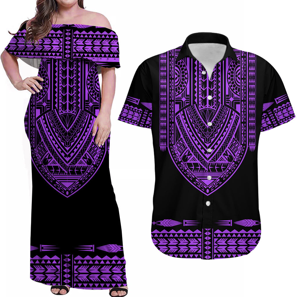 Custom Outfit For Couple Polynesian Tribal Matching Dress and Hawaiian Shirt Dashiki with Polynesian Tattoo Royal Purple Version LT14 Purple - Polynesian Pride