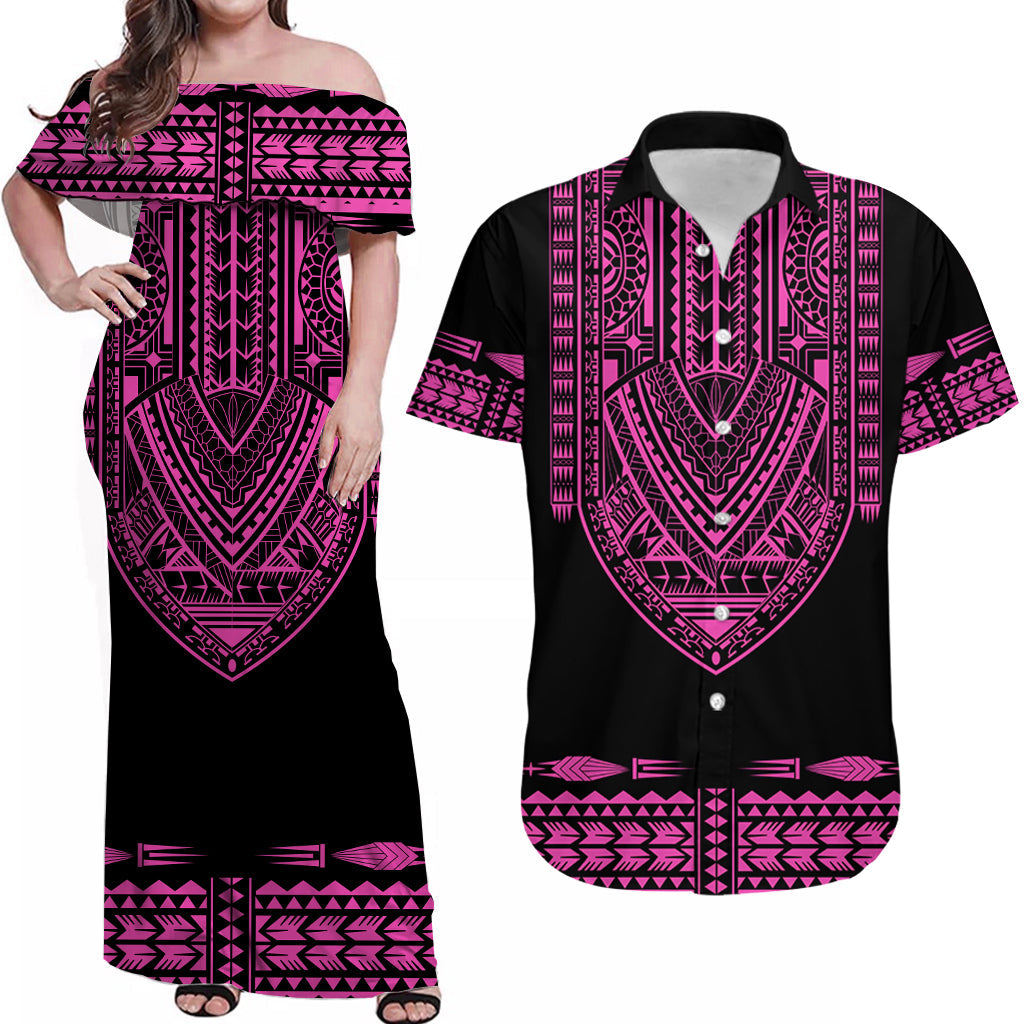 Custom Outfit For Couple Polynesian Tribal Matching Dress and Hawaiian Shirt Dashiki with Polynesian Tattoo Royal Pink Version LT14 Pink - Polynesian Pride