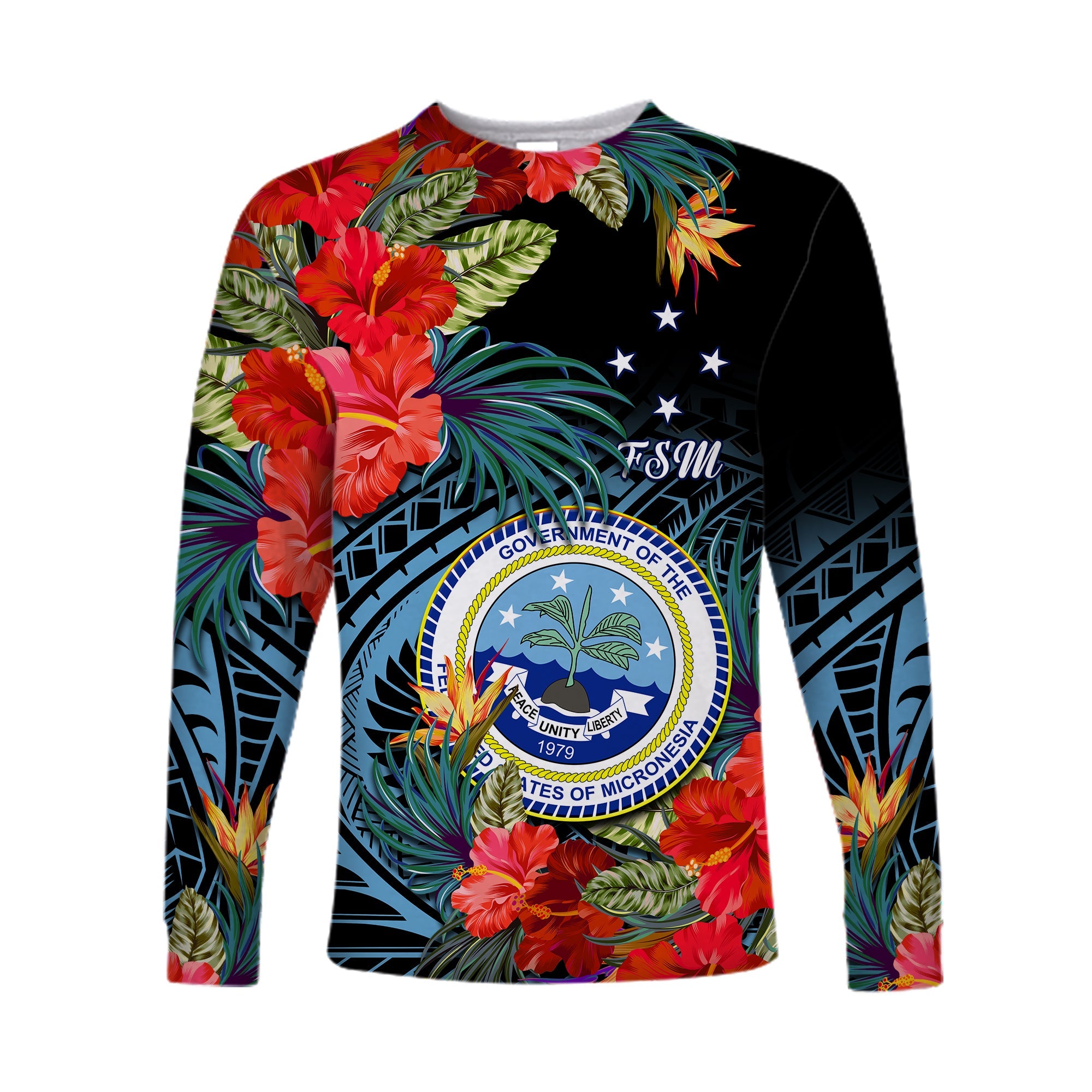 Federated States of Micronesia Long Sleeve Shirt Hibiscus Flowers FSM Seal Polynesian LT14 Unisex Black - Polynesian Pride