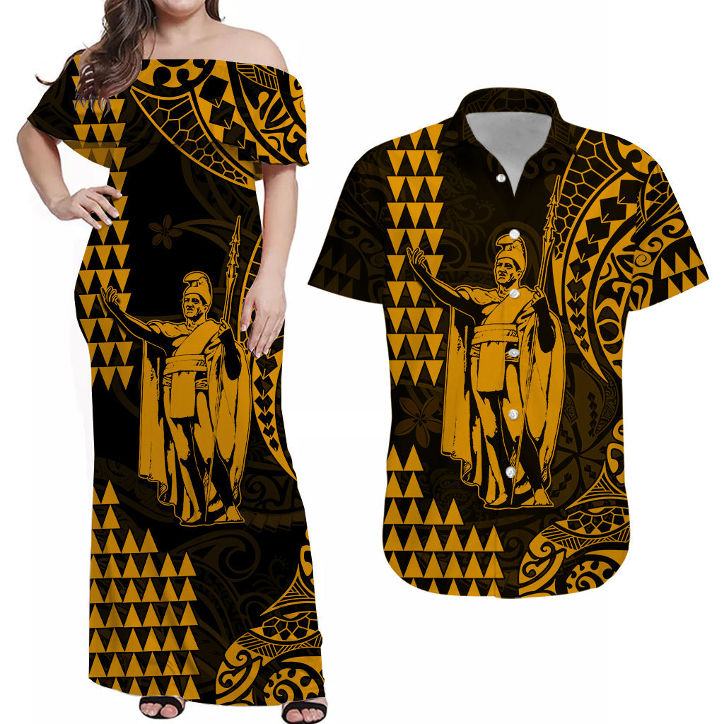 Custom King Kamehameha Matching Hawaiian Outfits For Couples with Polynesian Tribal Gold LT13 Gold - Polynesian Pride