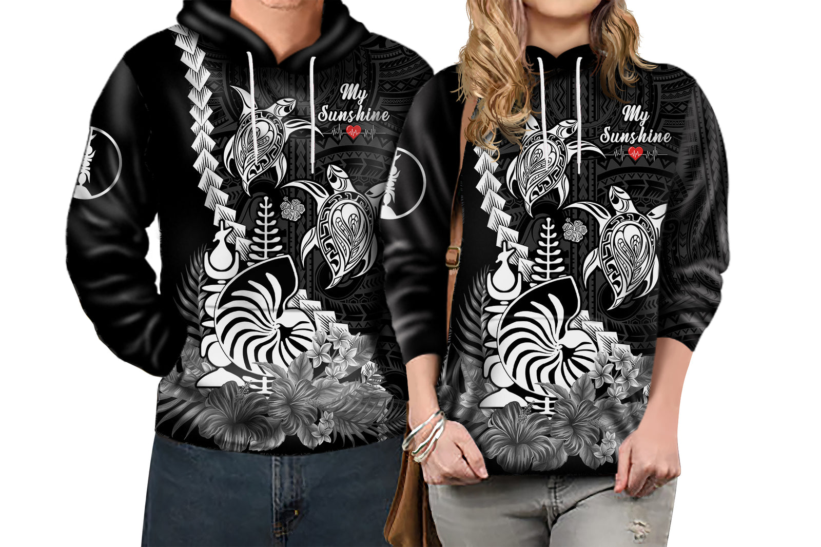 Custom New Caledonia Valentine Couple Love Hoodie My Sunshine Polynesia Turtle Black LT14 No Men - Polynesian Pride