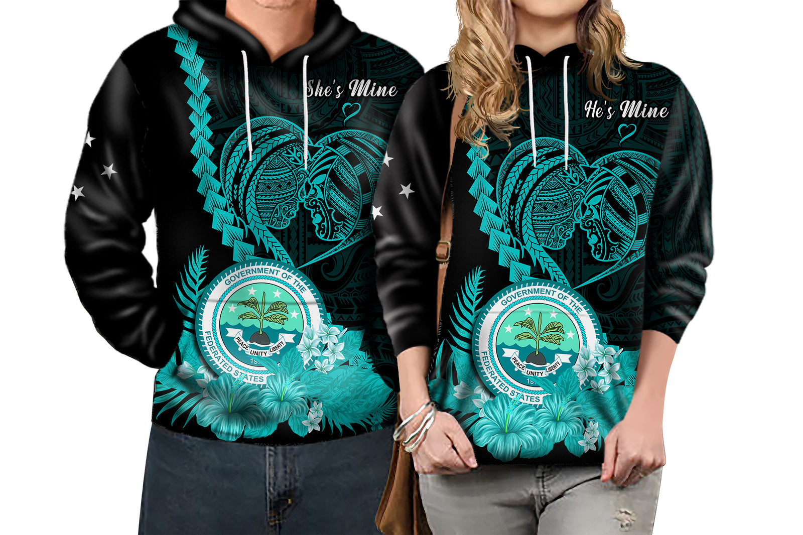 Custom FSM Valentine Couple Hoodie Heart Love Tropical Flowers Turquoise LT14 No Men - Polynesian Pride