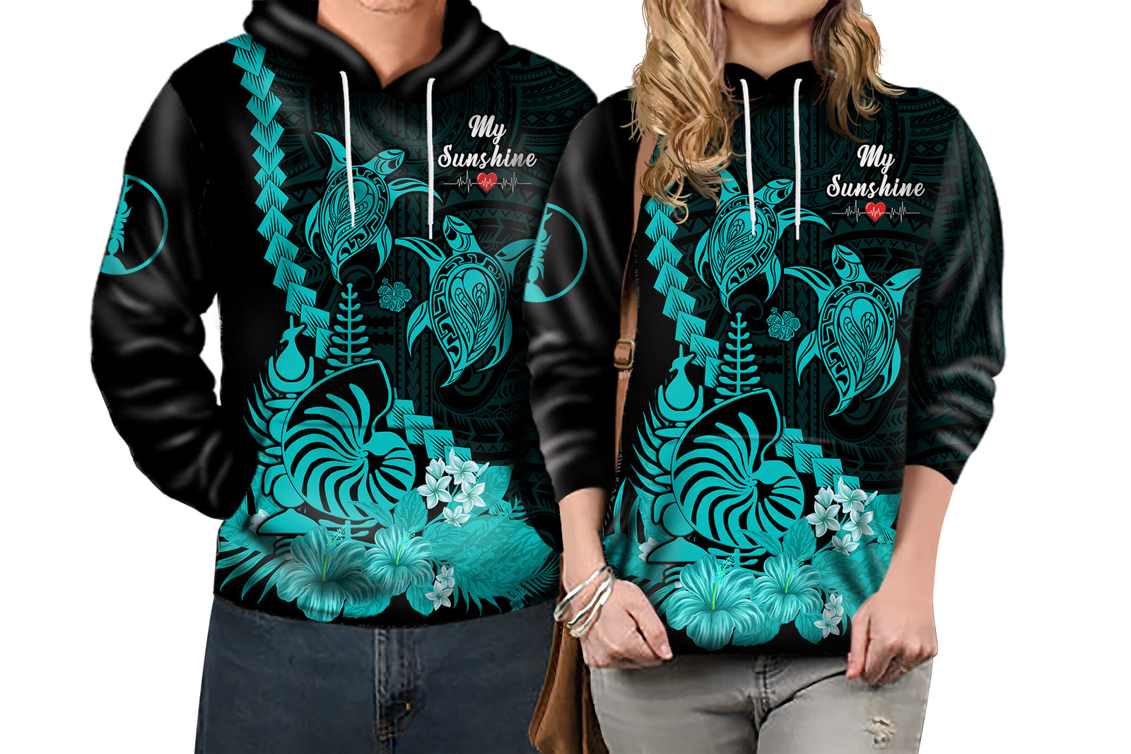 Custom New Caledonia Valentine Couple Love Hoodie My Sunshine Polynesia Turtle Turquoise LT14 No Men - Polynesian Pride