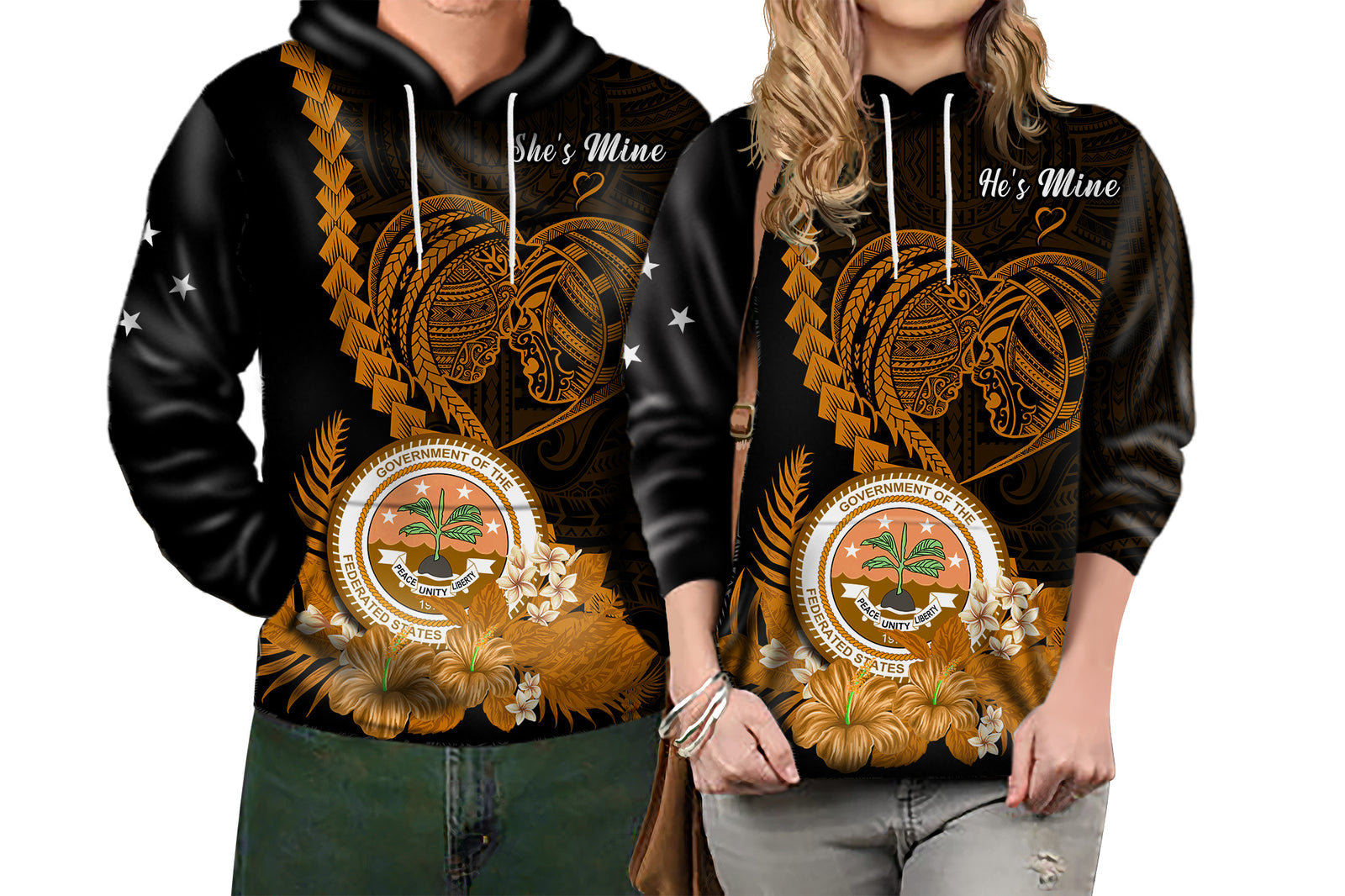 Custom FSM Valentine Couple Hoodie Heart Love Tropical Flowers Gold LT14 No Men - Polynesian Pride