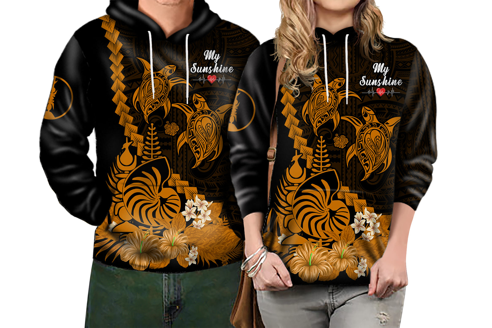 Custom New Caledonia Valentine Couple Love Hoodie My Sunshine Polynesia Turtle Gold LT14 No Men - Polynesian Pride