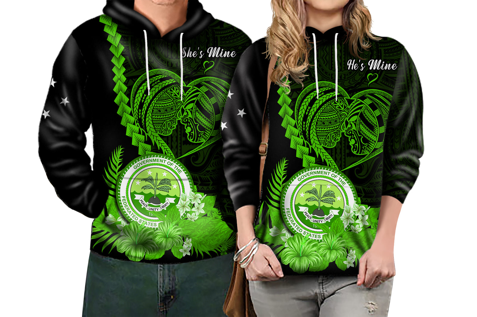 Custom FSM Valentine Couple Hoodie Heart Love Tropical Flowers Green LT14 No Men - Polynesian Pride