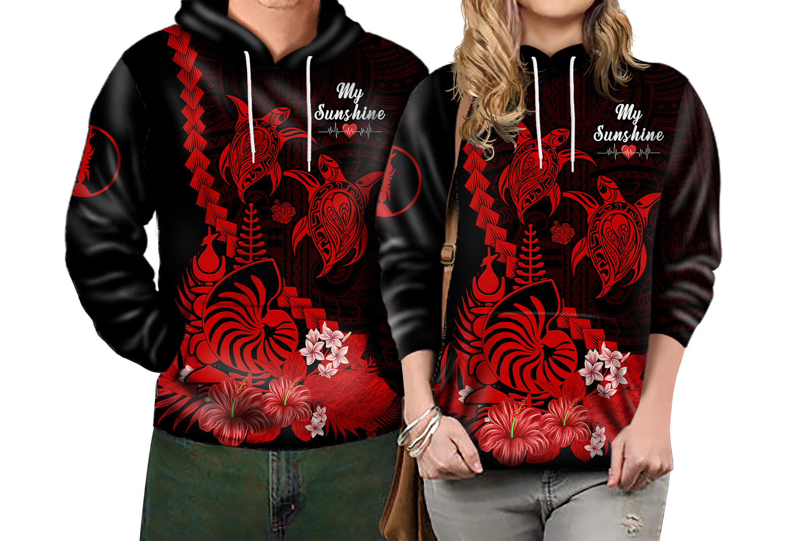 Custom New Caledonia Valentine Couple Love Hoodie My Sunshine Polynesia Turtle Red LT14 No Men - Polynesian Pride