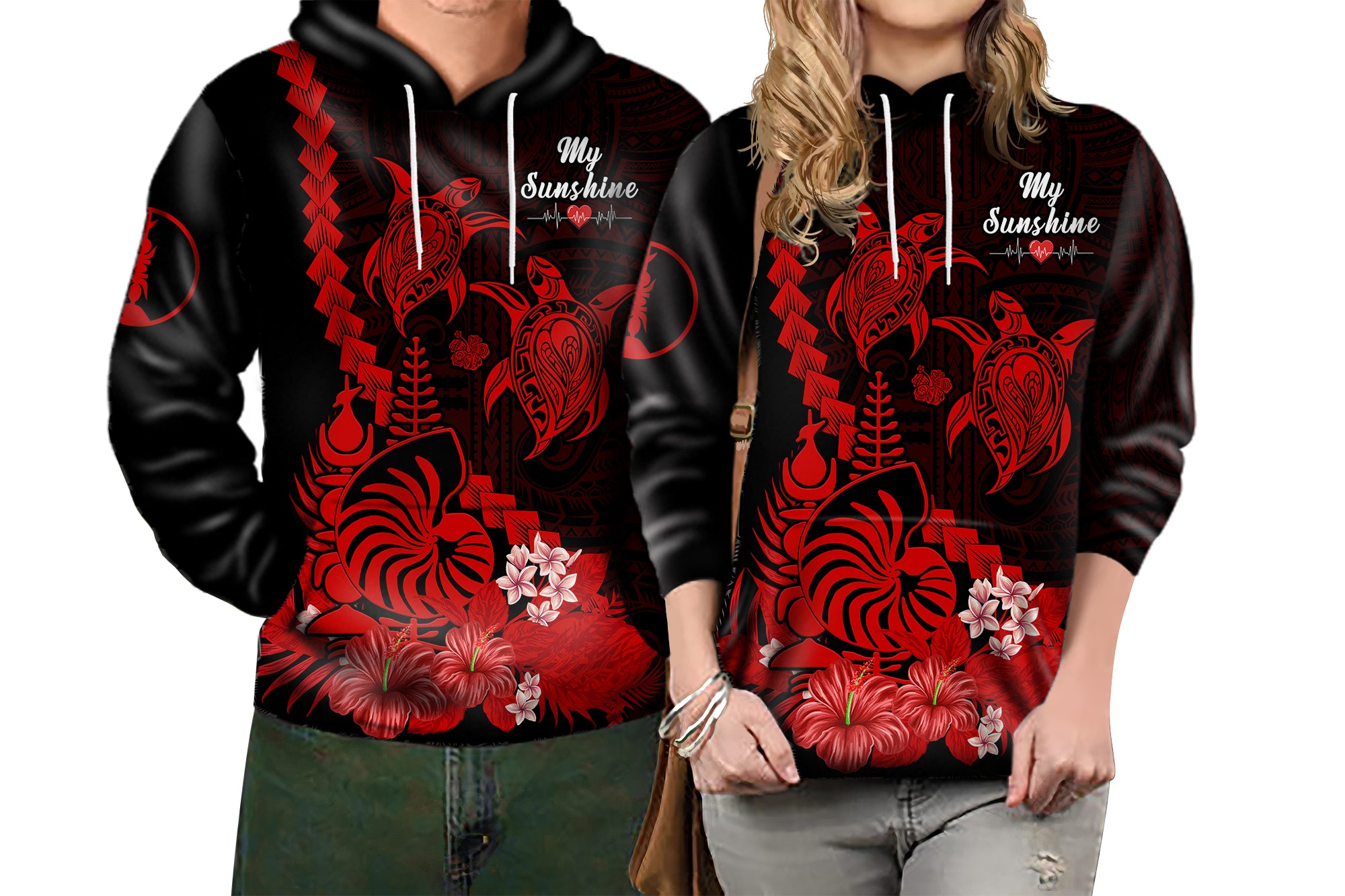 Custom New Caledonia Valentine Couple Love Hoodie My Sunshine Polynesia Turtle Red LT14 - Polynesian Pride