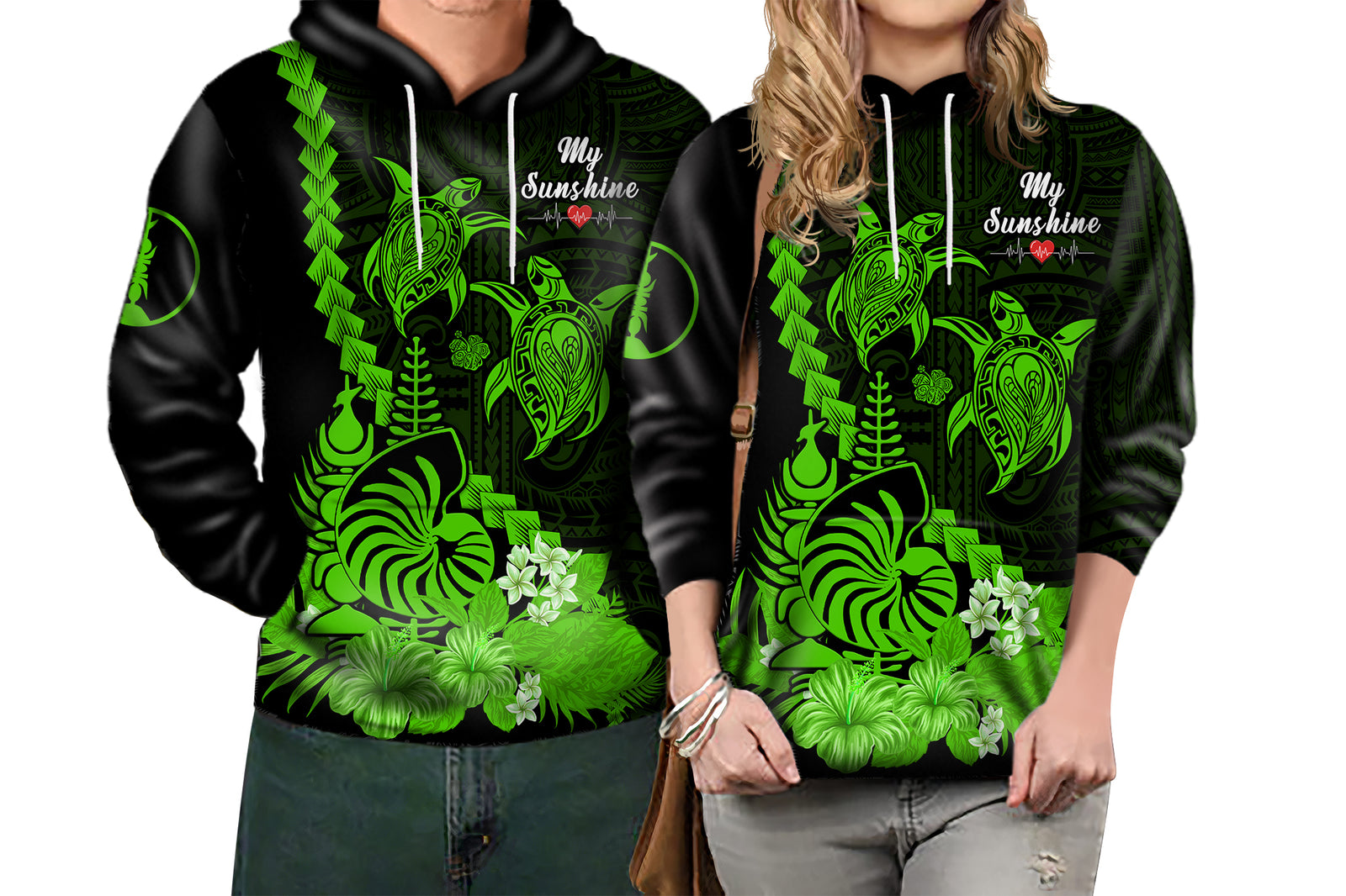 Custom New Caledonia Valentine Couple Love Hoodie My Sunshine Polynesia Turtle Green LT14 No Men - Polynesian Pride