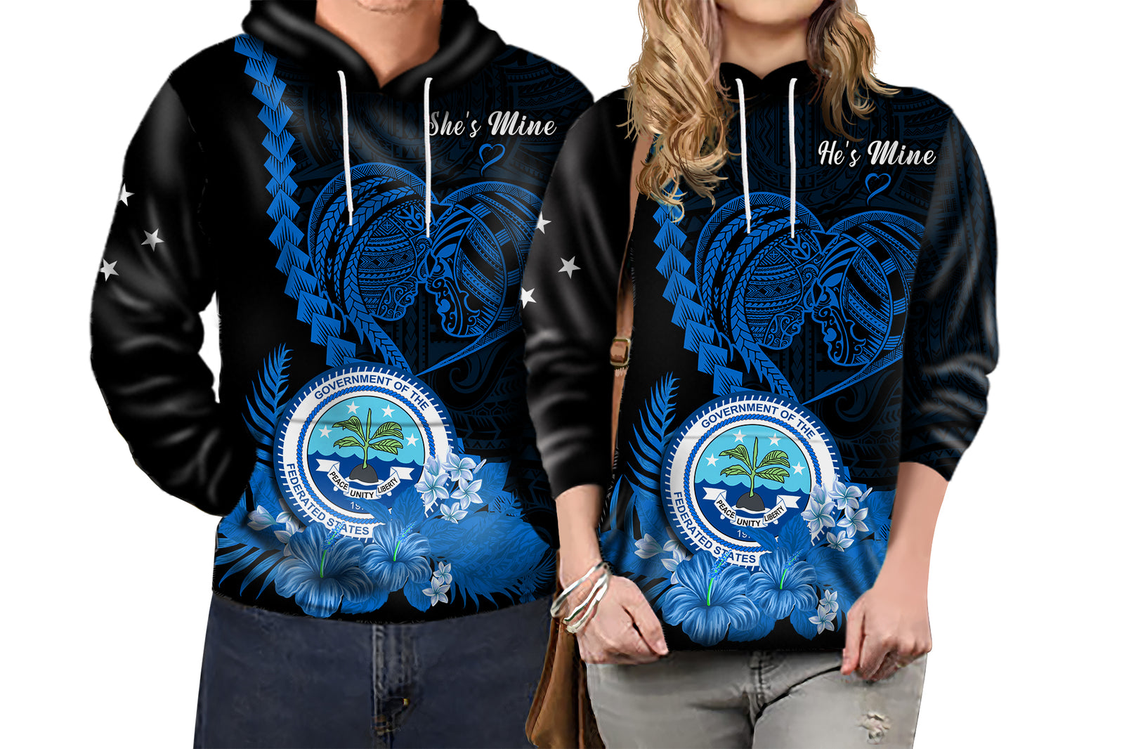 Custom FSM Valentine Couple Hoodie Heart Love Tropical Flowers Blue LT14 No Men - Polynesian Pride