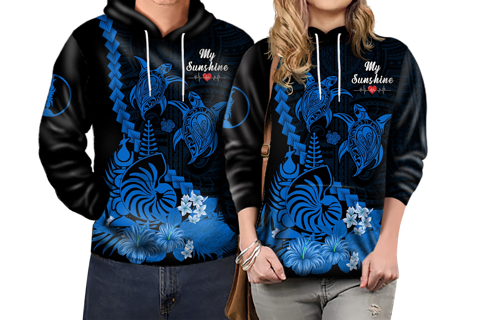 Custom New Caledonia Valentine Couple Love Hoodie My Sunshine Polynesia Turtle Blue LT14 - Polynesian Pride