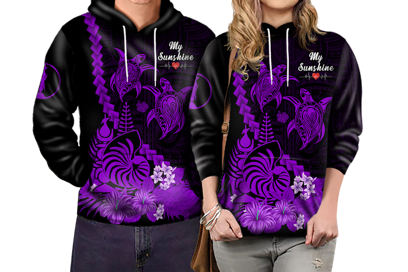 Custom New Caledonia Valentine Couple Love Hoodie My Sunshine Polynesia Turtle Purple LT14 No Men - Polynesian Pride