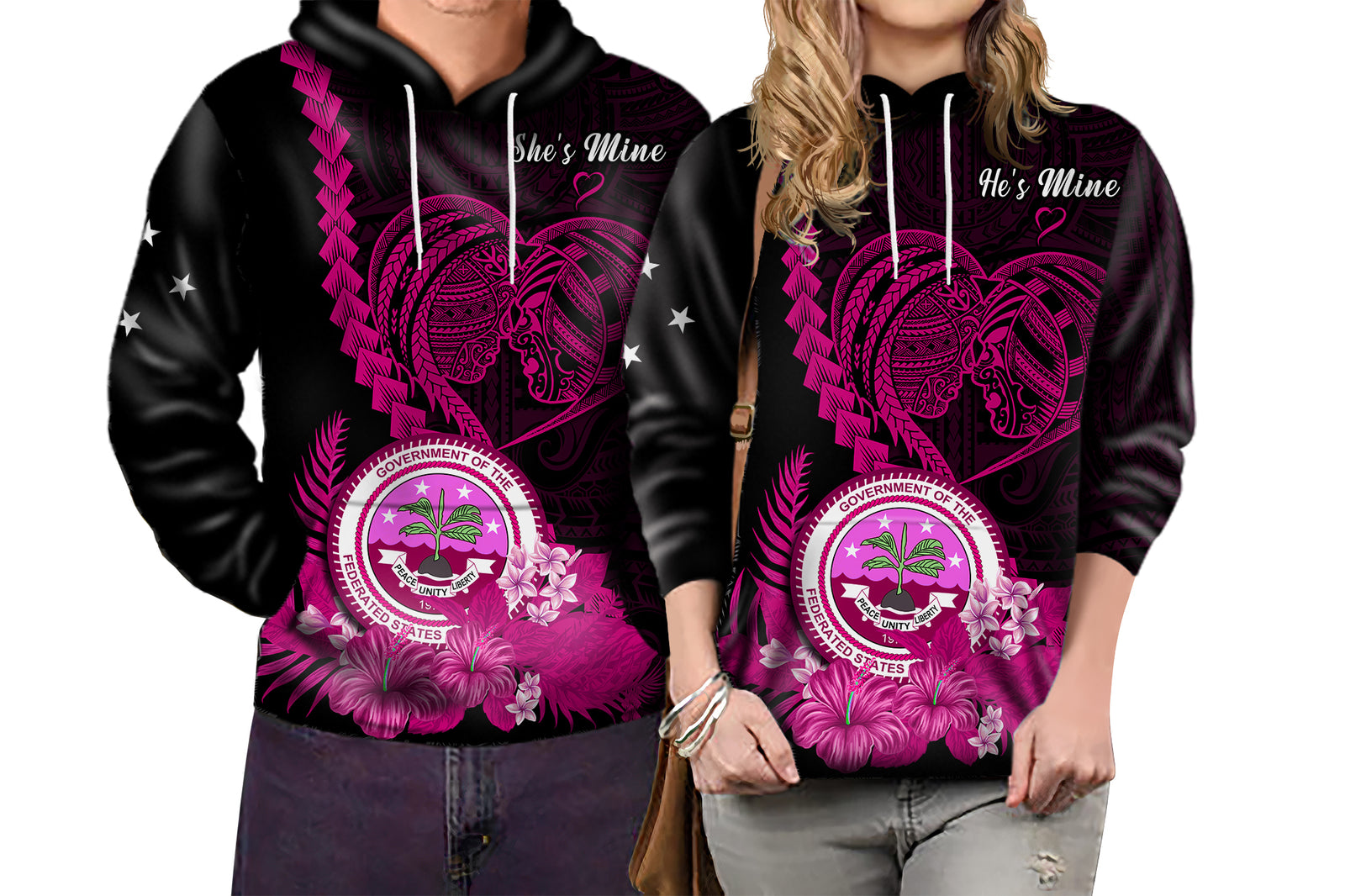 Custom FSM Valentine Couple Hoodie Heart Love Tropical Flowers Pink LT14 No Men - Polynesian Pride
