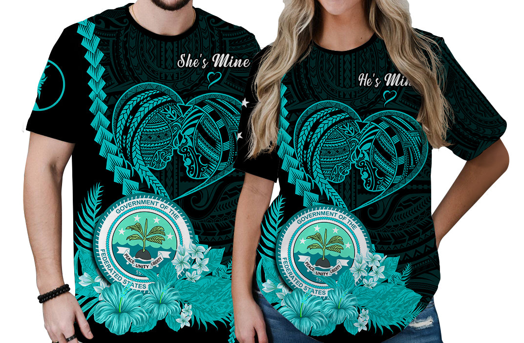 Custom FSM Valentine Couple T Shirt Heart Love Tropical Flowers Turquoise LT14 No Men - Polynesian Pride