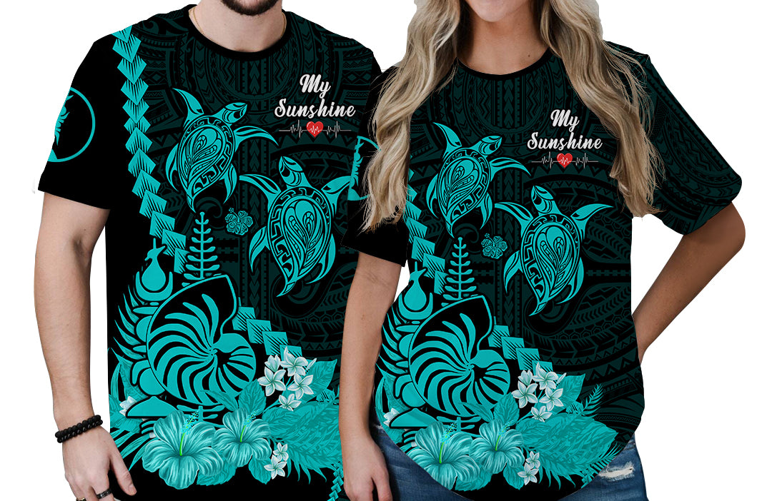 Custom New Caledonia Valentine Couple T Shirt My Sunshine Polynesia Turtle Turquoise LT14 - Polynesian Pride