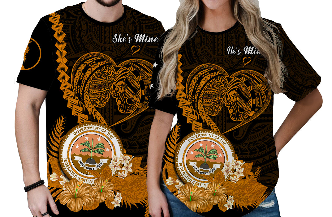 Custom FSM Valentine Couple T Shirt Heart Love Tropical Flowers Gold LT14 No Men - Polynesian Pride