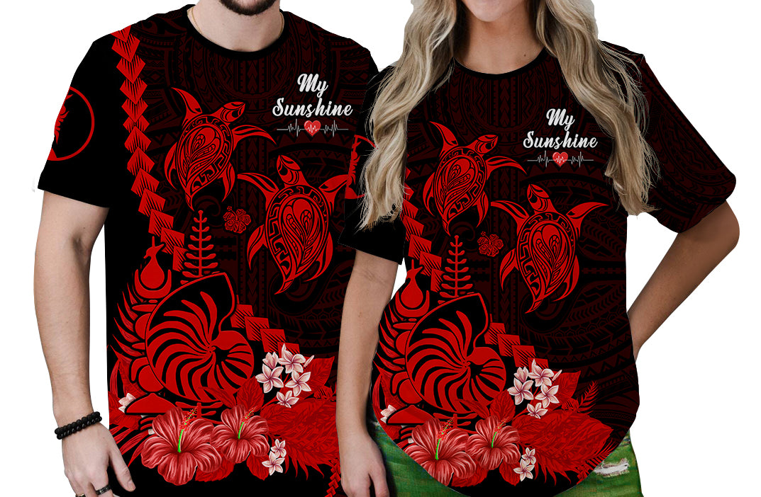 Custom New Caledonia Valentine Couple T Shirt My Sunshine Polynesia Turtle Red LT14 No Men - Polynesian Pride