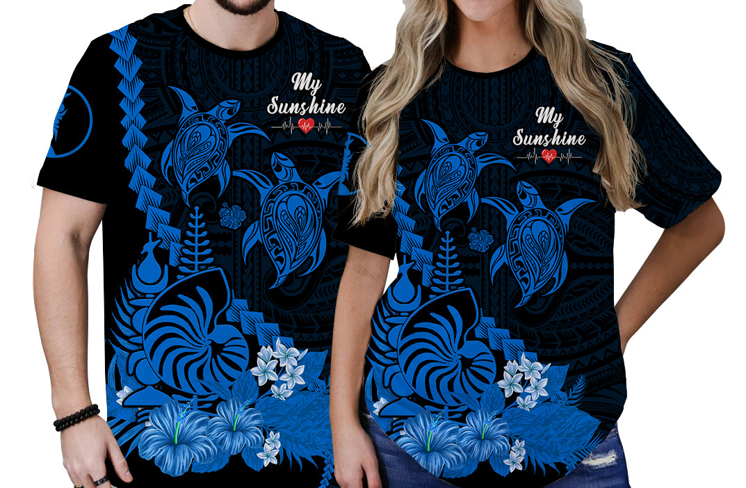 Custom New Caledonia Valentine Couple T Shirt My Sunshine Polynesia Turtle Blue LT14 - Polynesian Pride