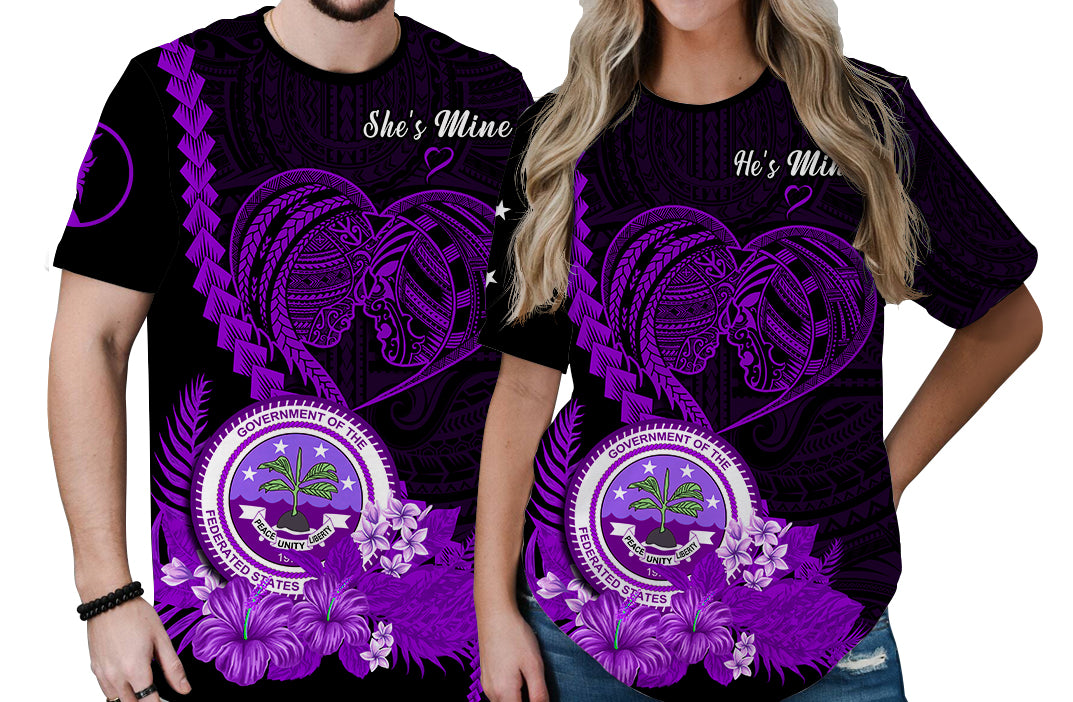 Custom FSM Valentine Couple T Shirt Heart Love Tropical Flowers Purple LT14 No Men - Polynesian Pride