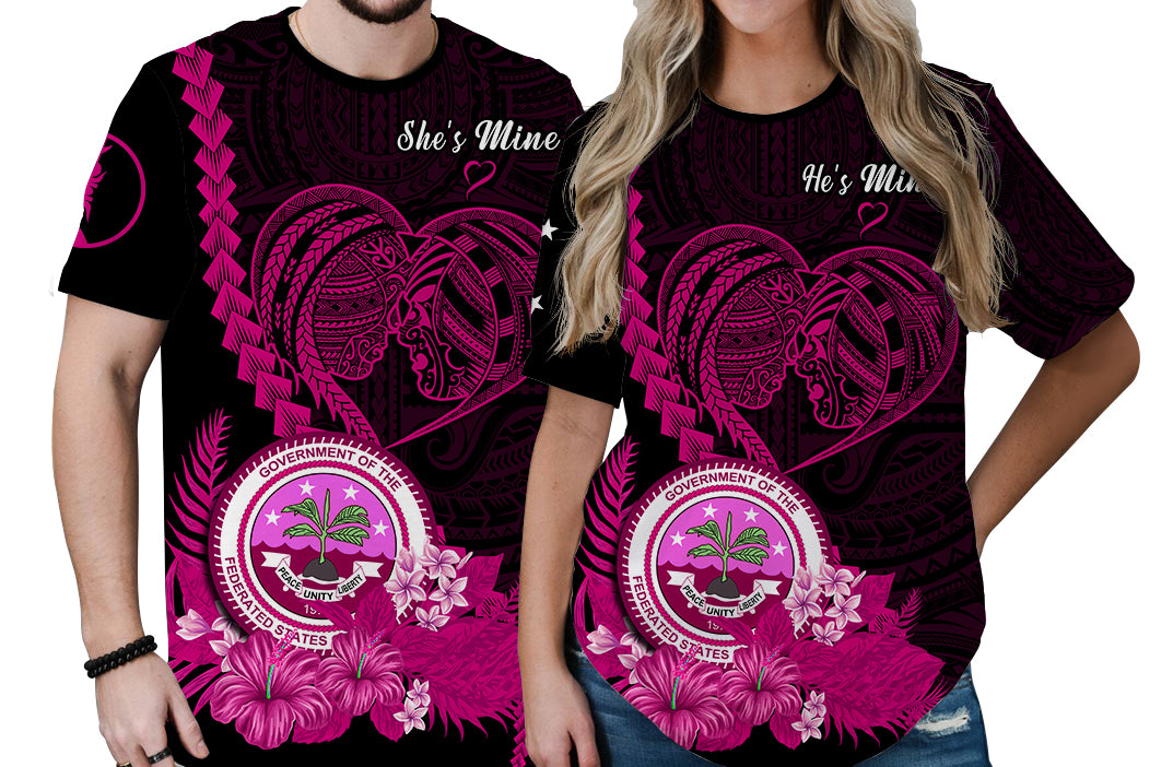 Custom FSM Valentine Couple T Shirt Heart Love Tropical Flowers Pink LT14 No Men - Polynesian Pride