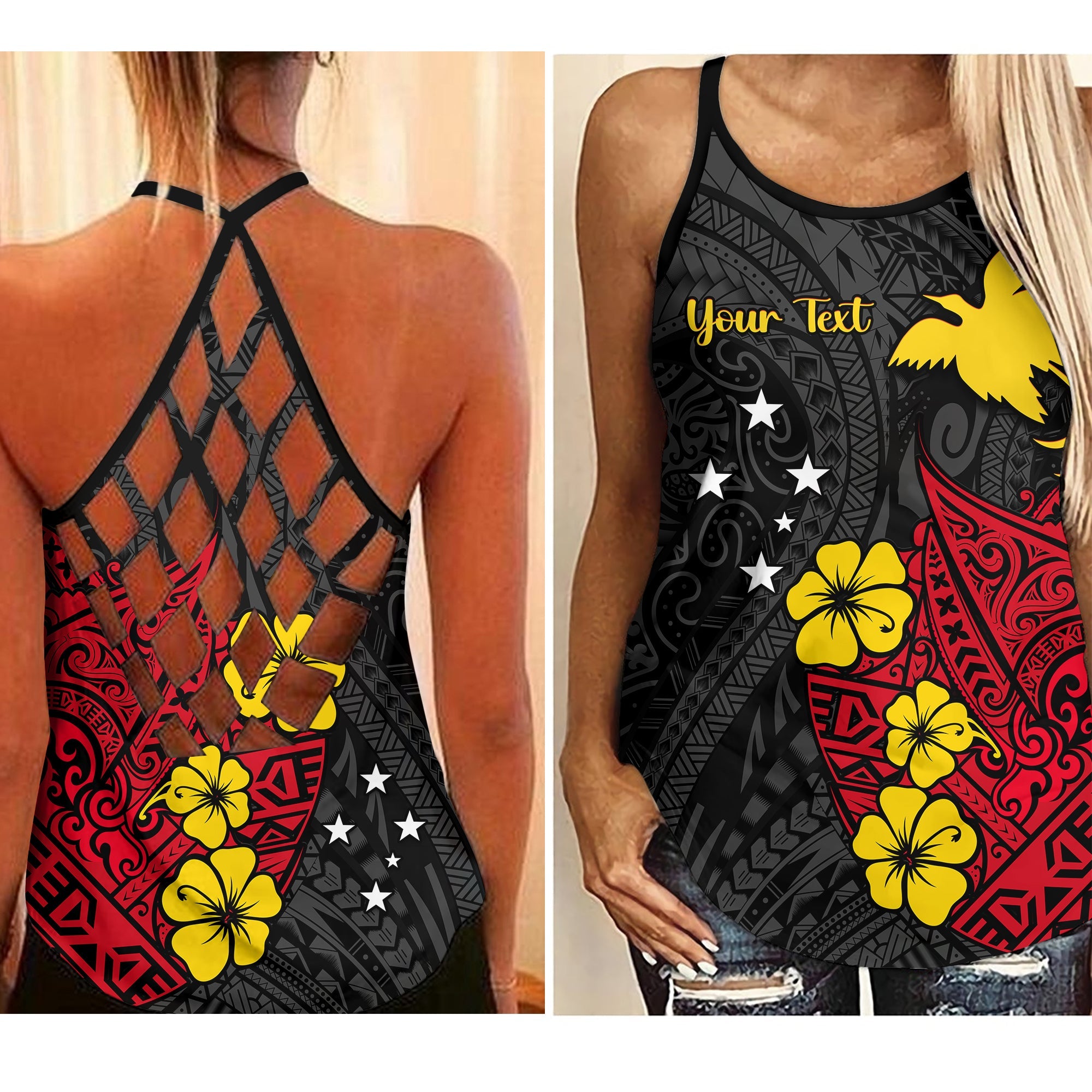 (Custom Personalised) Papua New Guinea Birds of Paradise Criss Cross Tank Top LT13 Female Black - Polynesian Pride