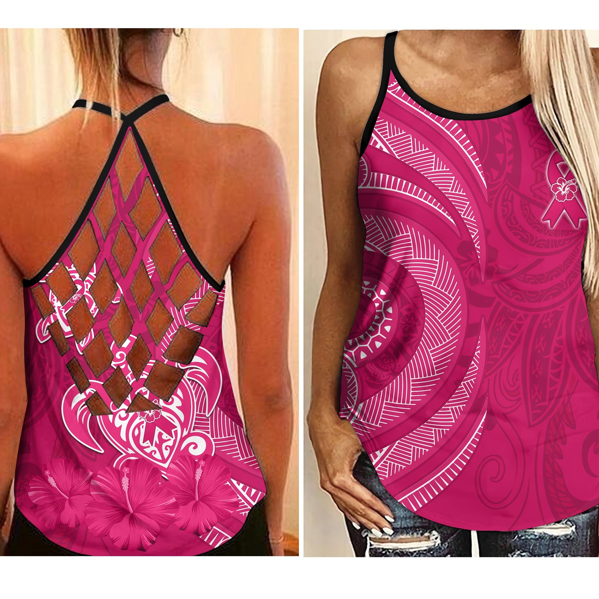 Breast Cancer Awareness Criss Cross Tank Top Hibiscus Polynesian No One Fights Alone LT13 Female Pink - Polynesian Pride