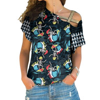 Hawaii Skeleton Surf Cross Shoulder Shirt Halloween Hawaiian Tribal LT13 Female Black - Polynesian Pride