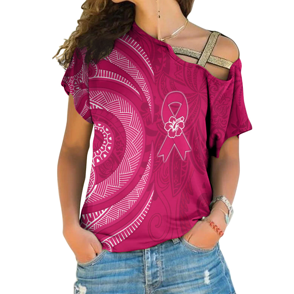 Breast Cancer Awareness Cross Shoulder Shirt Hibiscus Polynesian No One Fights Alone LT13 Female Pink - Polynesian Pride